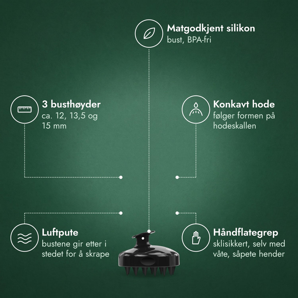 Hodebunnsmassør og sjampobørste: Matgodkjent silikon, 3 busthøyder, Konkavt hode, Luftpute, Håndflategrep