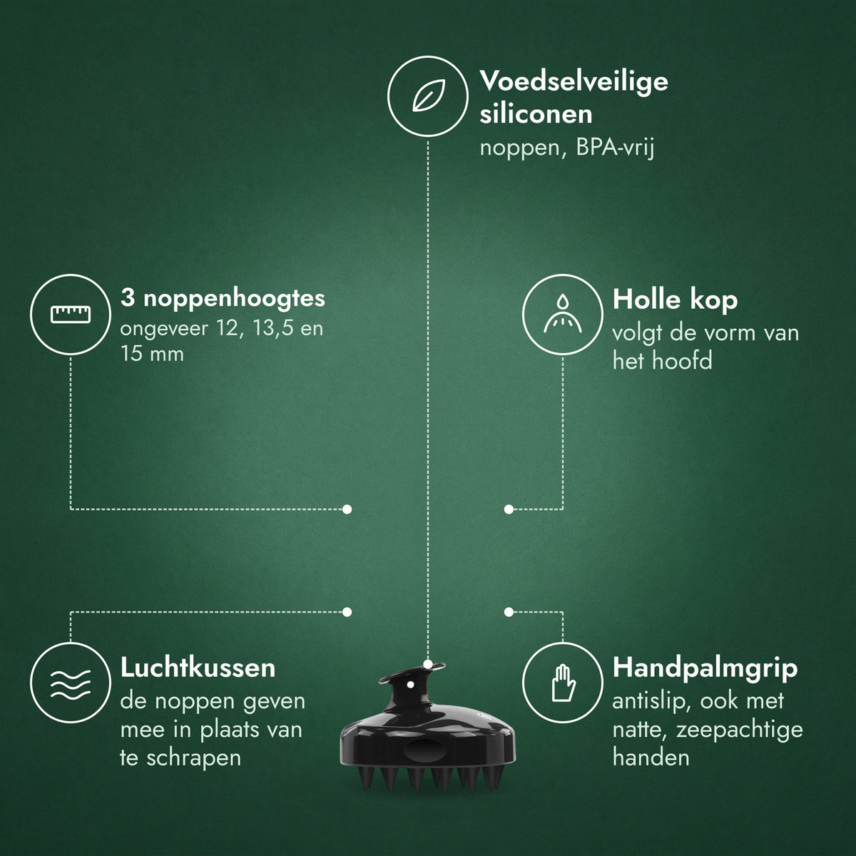 Hoofdhuidmassager, shampooborstel: Voedselveilige siliconen, 3 noppenhoogtes, Holle kop, Luchtkussen, Handpalmgrip