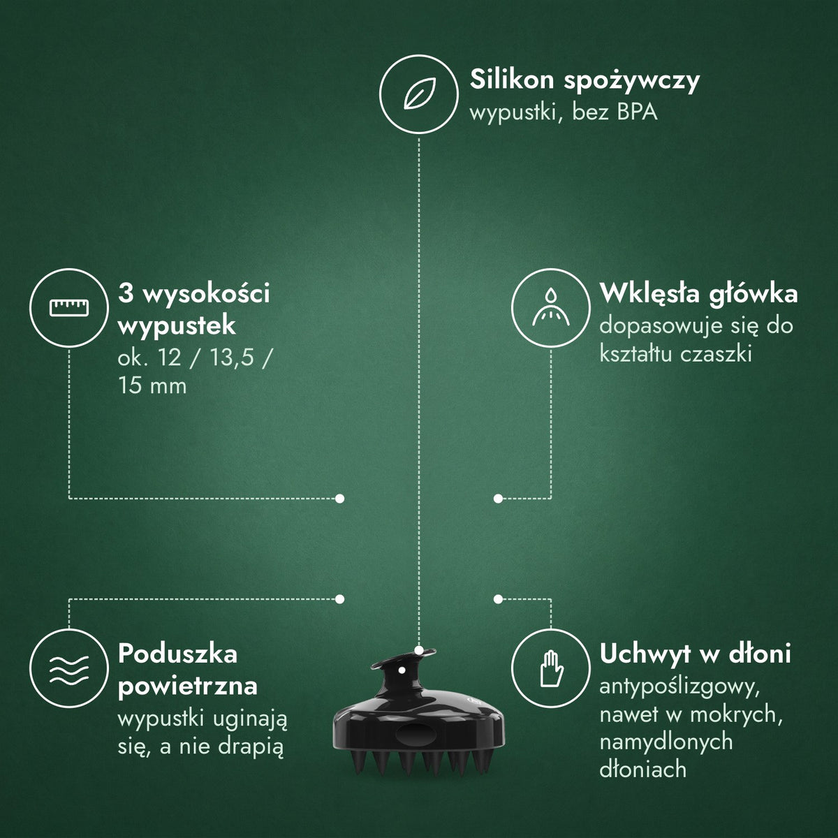 Szczotka do masażu skóry głowy: Silikon spożywczy, 3 wysokości wypustek, Wklęsła główka, Poduszka powietrzna, Uchwyt w dłoni