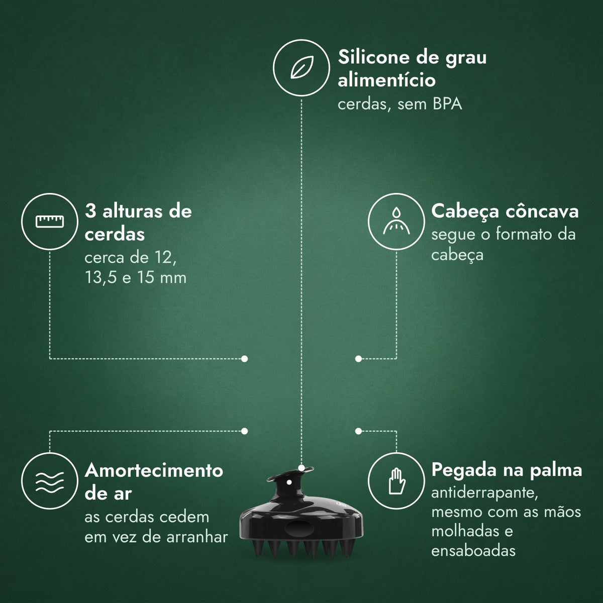 Escova massageadora capilar para shampoo: Silicone de grau alimentício, 3 alturas de cerdas, Cabeça côncava, Amortecimento de ar, Pegada na palma