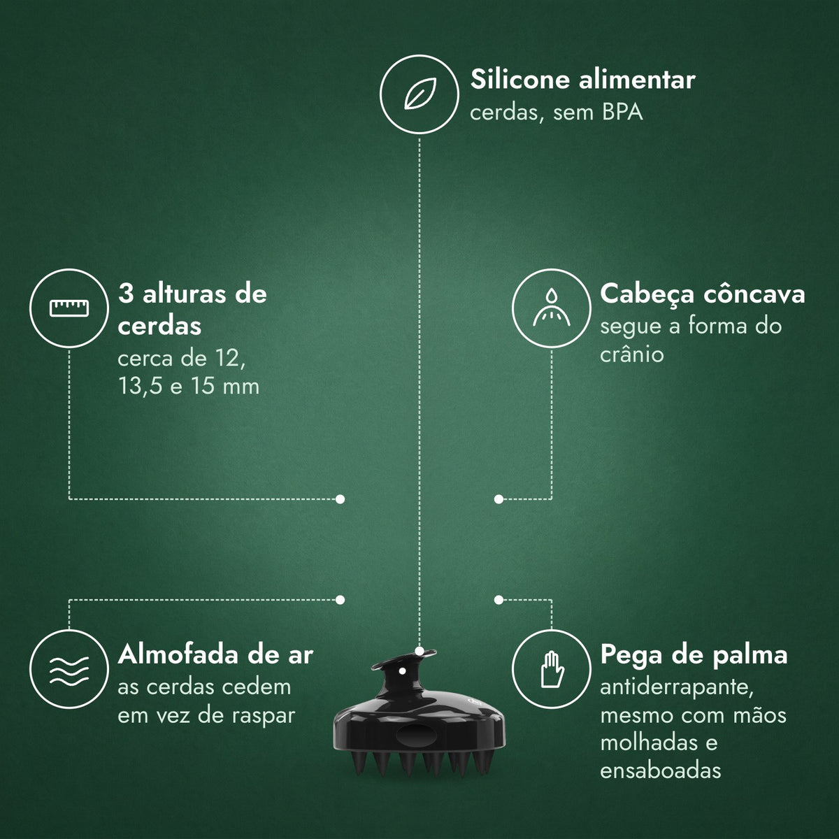 Escova massajadora para o couro cabeludo: Silicone alimentar, 3 alturas de cerdas, Cabeça côncava, Almofada de ar, Pega de palma