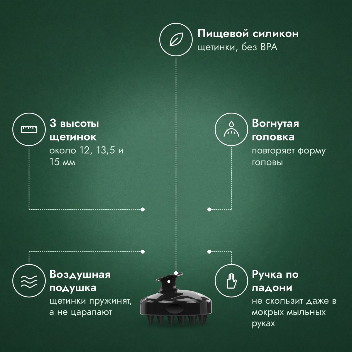 Массажная щётка для кожи головы: Пищевой силикон, 3 высоты щетинок, Вогнутая головка, Воздушная подушка, Ручка по ладони