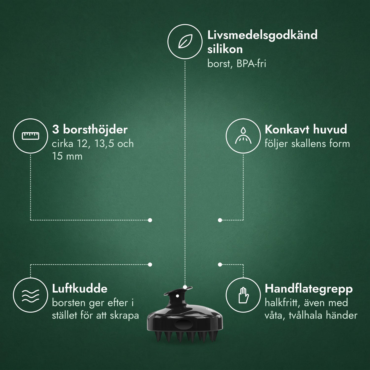 Hårbottenmassager, schampoborste: Livsmedelsgodkänd silikon, 3 borsthöjder, Konkavt huvud, Luftkudde, Handflategrepp