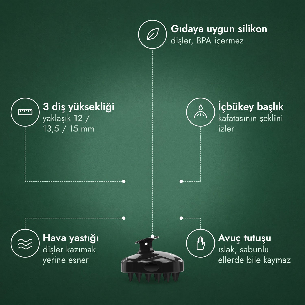 Saç derisi masaj ve şampuan fırçası: Gıdaya uygun silikon, 3 diş yüksekliği, İçbükey başlık, Hava yastığı, Avuç tutuşu