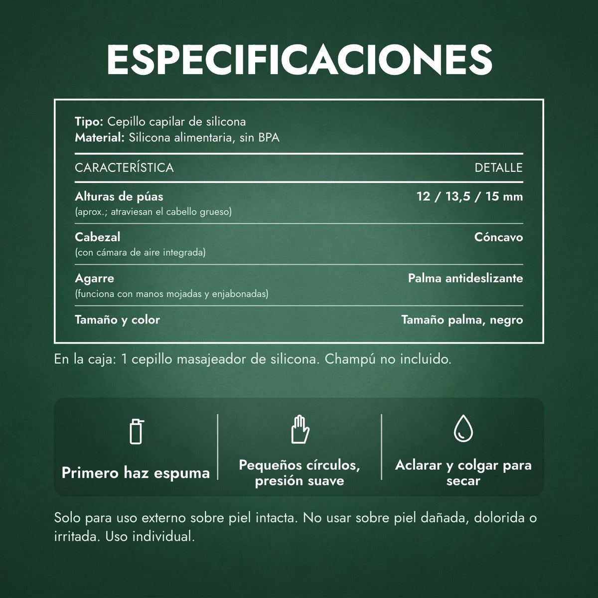 Especificaciones: Cepillo masajeador para el cuero cabelludo