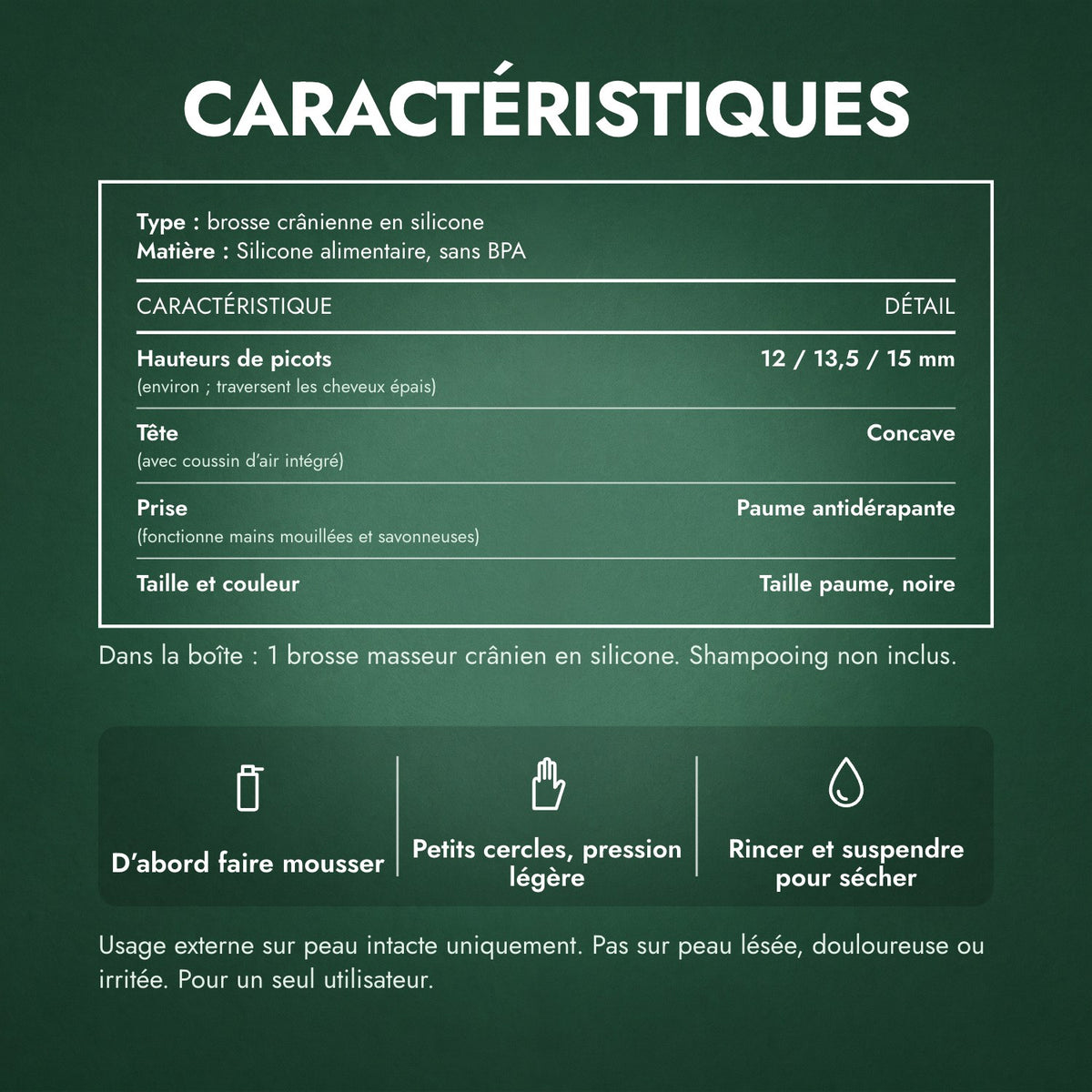 Caractéristiques: Masseur crânien, brosse à shampooing