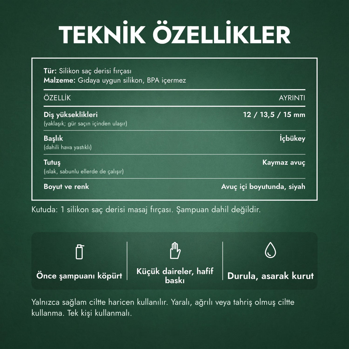Teknik özellikler: Saç derisi masaj ve şampuan fırçası