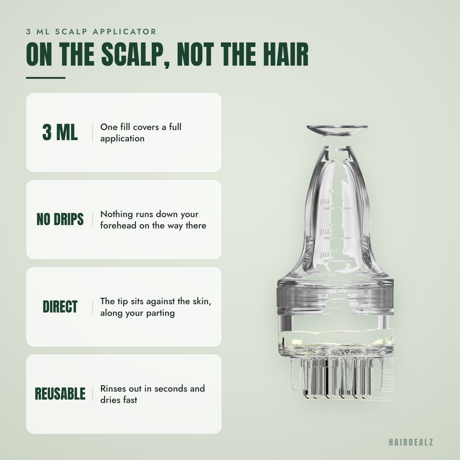 3 ml scalp applicator — On the scalp, not the hair