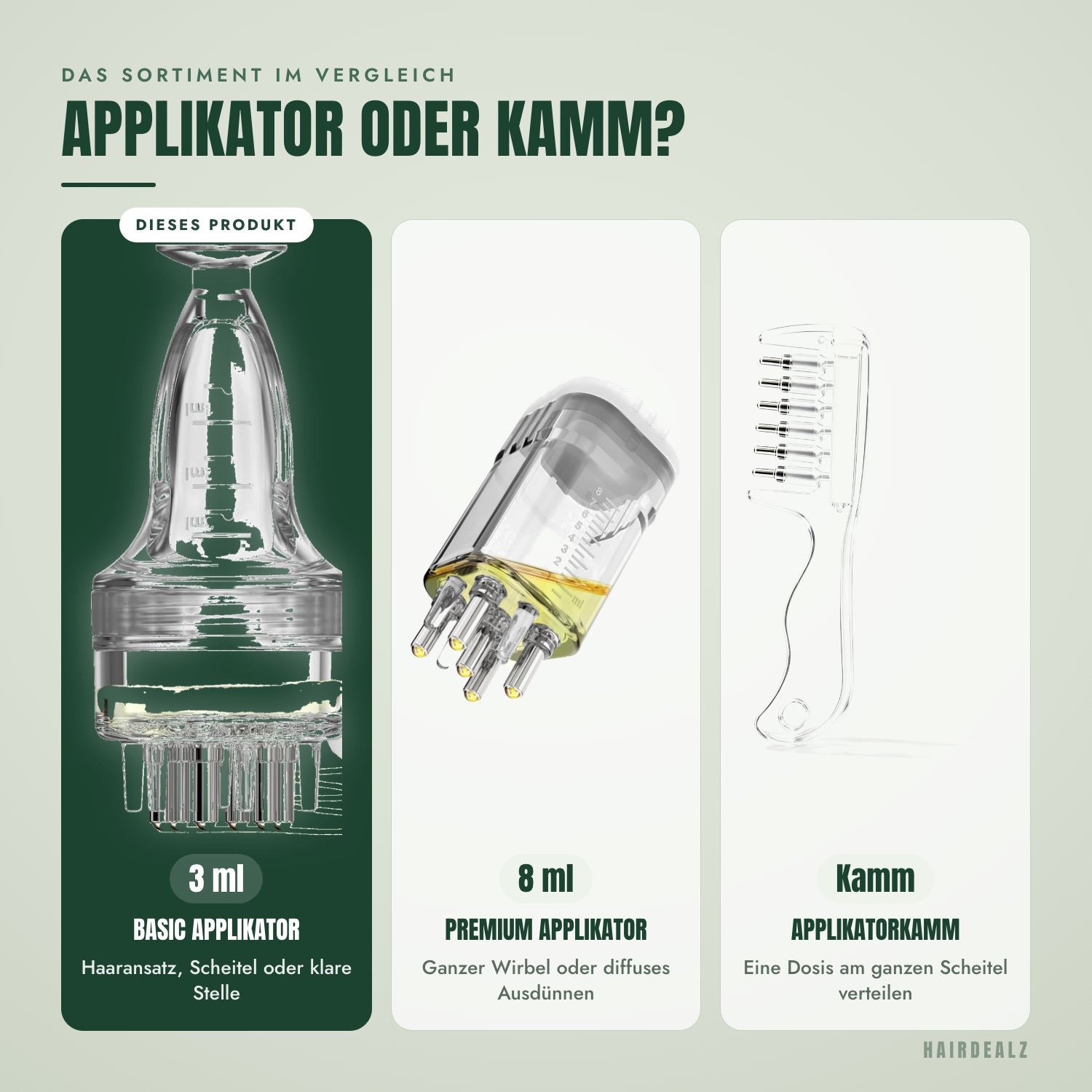 Das Sortiment im Vergleich — Applikator oder Kamm?