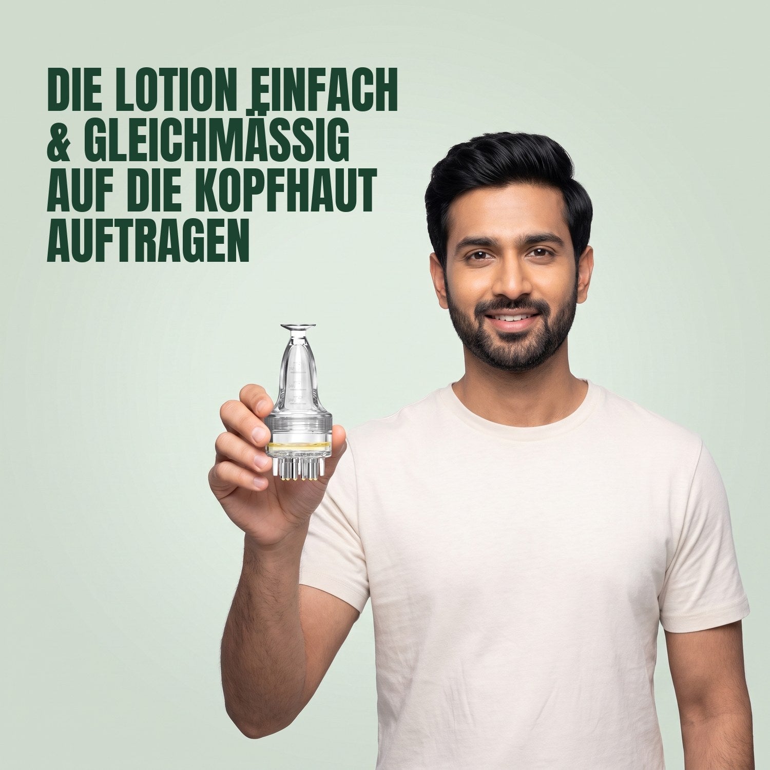Man holding a basic minoxidil lotion applicator against a green background