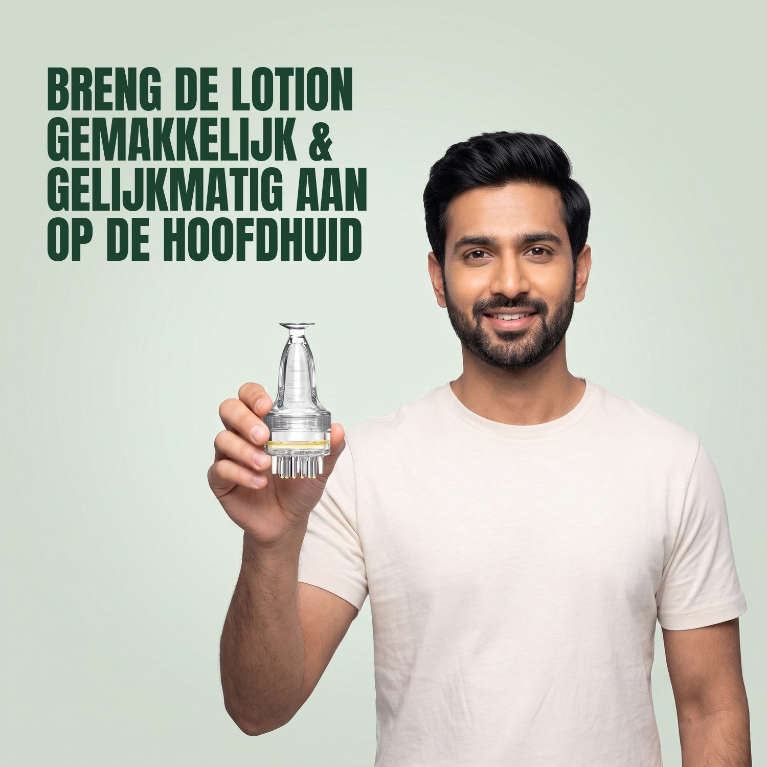 Man holding a basic minoxidil lotion applicator against a green background