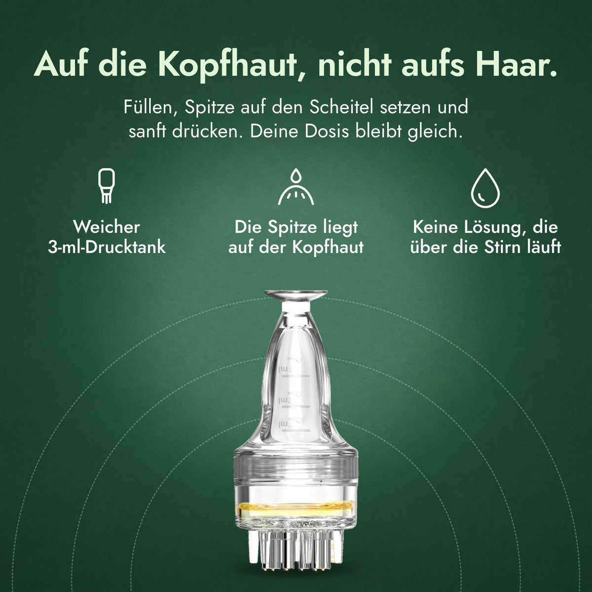 Applikator für Minoxidil-Lösung, Basic 3 ml: Auf die Kopfhaut, nicht aufs Haar. Weicher 3-ml-Drucktank, Die Spitze liegt auf der Kopfhaut, Keine Lösung, die über die Stirn läuft