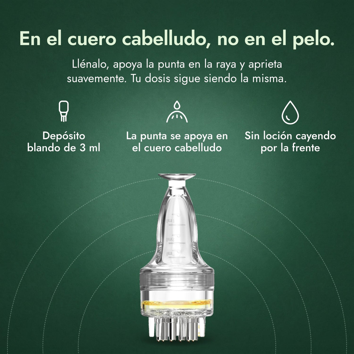 Aplicador para loción de minoxidil, Basic 3 ml: En el cuero cabelludo, no en el pelo. Depósito blando de 3 ml, La punta se apoya en el cuero cabelludo, Sin loción cayendo por la frente