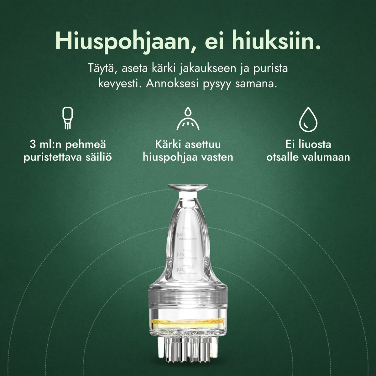 Minoksidiililiuoksen applikaattori, Basic 3 ml: Hiuspohjaan, ei hiuksiin. 3 ml:n pehmeä puristettava säiliö, Kärki asettuu hiuspohjaa vasten, Ei liuosta otsalle valumaan