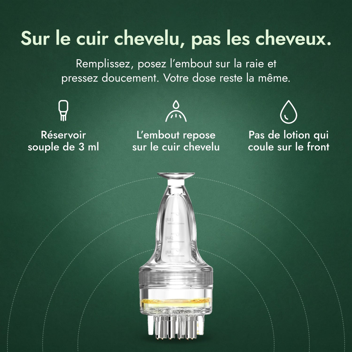 Applicateur pour lotion minoxidil, Basic 3 ml: Sur le cuir chevelu, pas les cheveux. Réservoir souple de 3 ml, L’embout repose sur le cuir chevelu, Pas de lotion qui coule sur le front