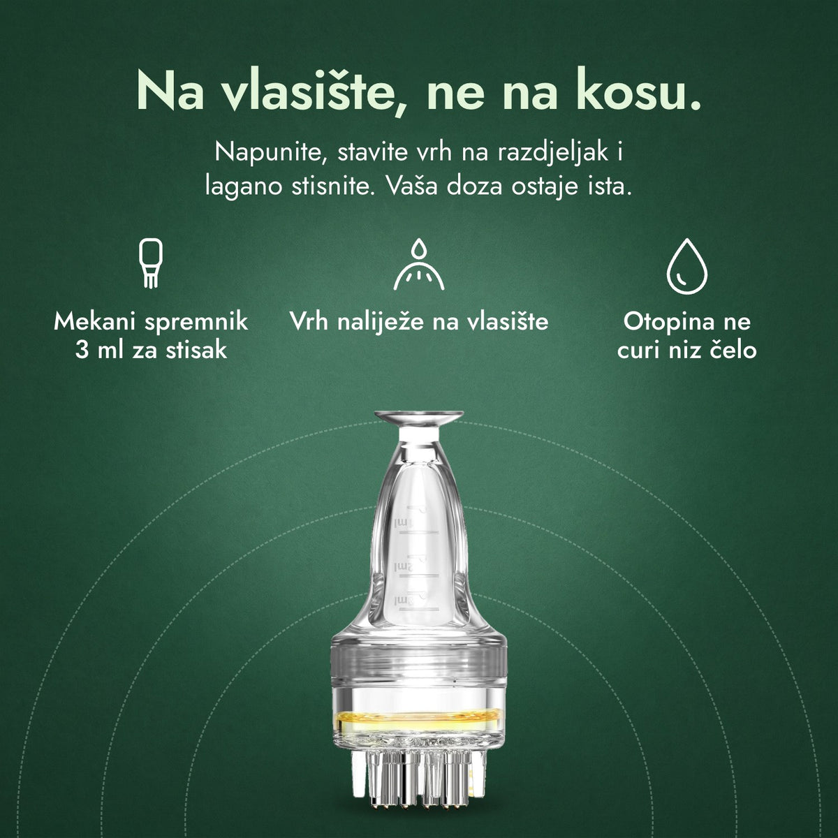 Aplikator za otopinu minoksidila, Osnovni 3 ml: Na vlasište, ne na kosu. Mekani spremnik 3 ml za stisak, Vrh naliježe na vlasište, Otopina ne curi niz čelo