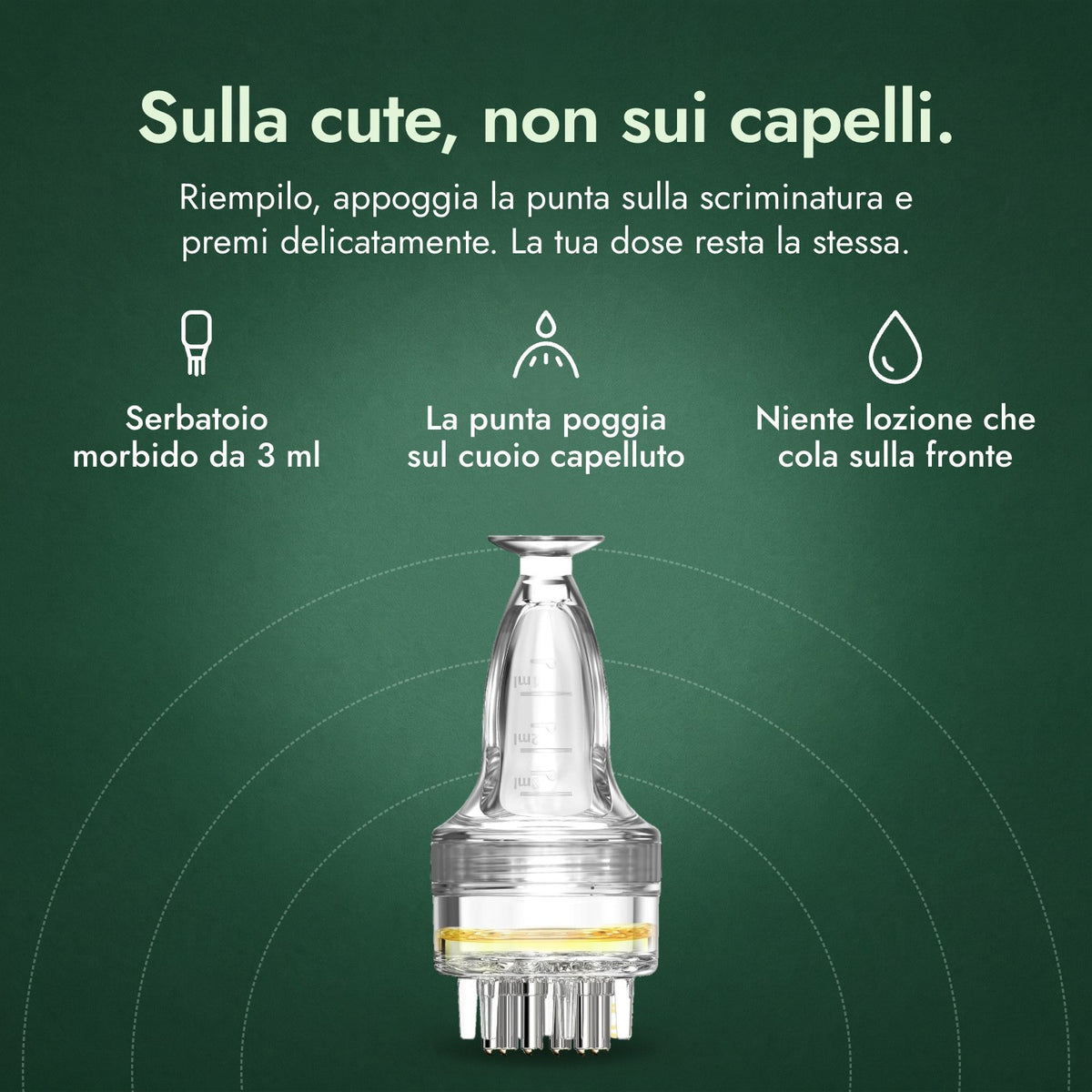 Applicatore per lozione minoxidil, Basic 3 ml: Sulla cute, non sui capelli. Serbatoio morbido da 3 ml, La punta poggia sul cuoio capelluto, Niente lozione che cola sulla fronte
