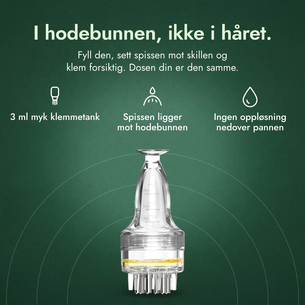 Applikator for minoksidiloppløsning, Basic 3 ml: I hodebunnen, ikke i håret. 3 ml myk klemmetank, Spissen ligger mot hodebunnen, Ingen oppløsning nedover pannen