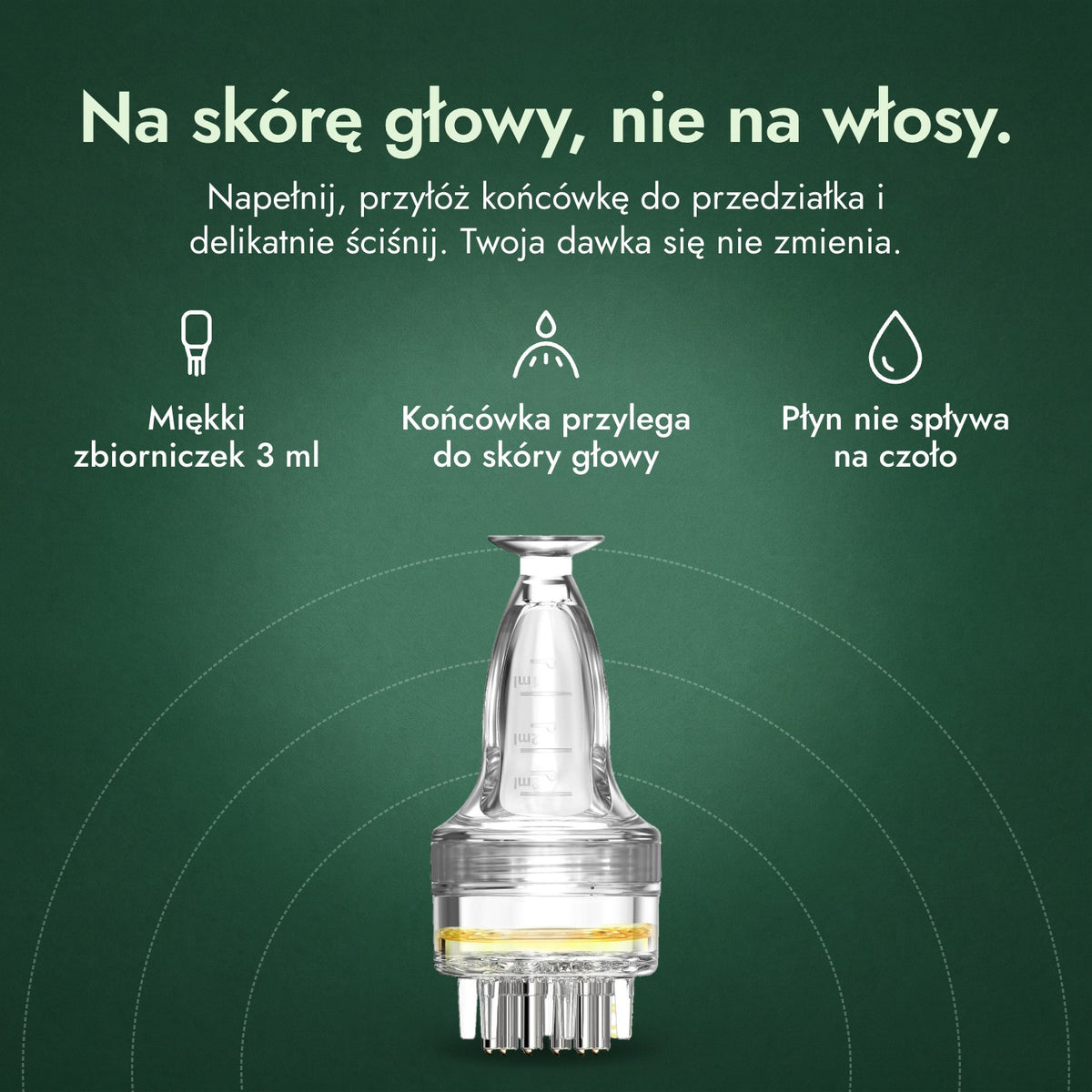 Aplikator do płynu z minoksydylem, Podstawowy 3 ml: Na skórę głowy, nie na włosy. Miękki zbiorniczek 3 ml, Końcówka przylega do skóry głowy, Płyn nie spływa na czoło