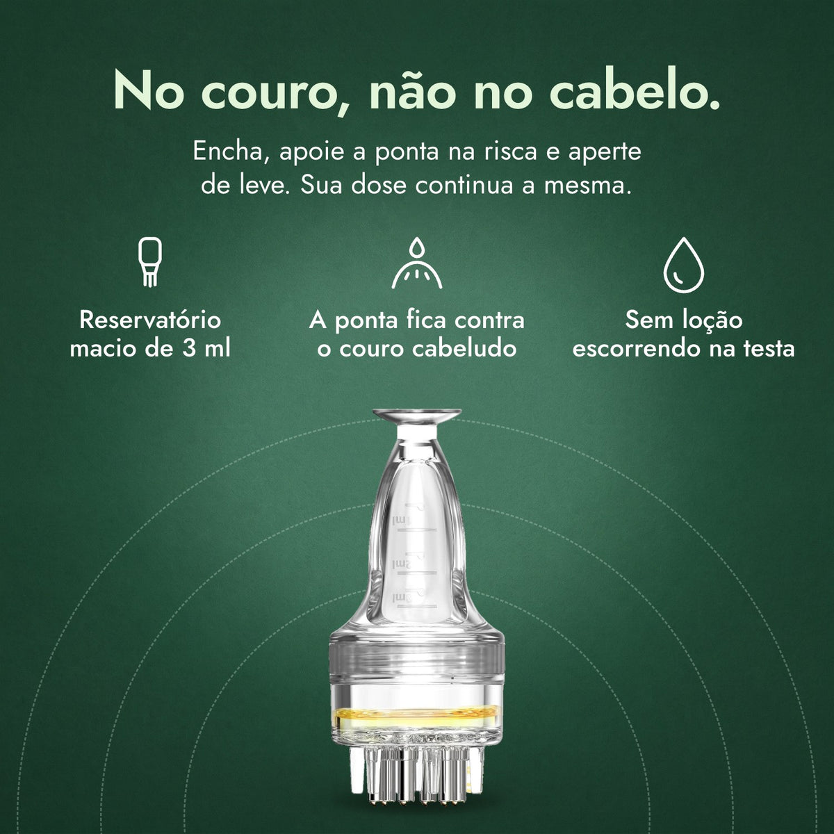 Aplicador para loção de minoxidil, Basic 3 ml: No couro, não no cabelo. Reservatório macio de 3 ml, A ponta fica contra o couro cabeludo, Sem loção escorrendo na testa