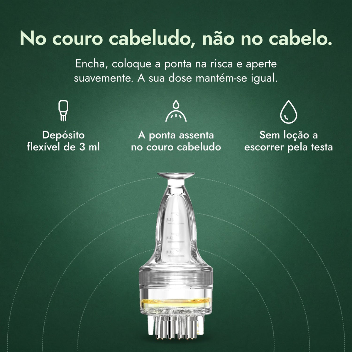 Aplicador de loção de minoxidil, Básico 3 ml: No couro cabeludo, não no cabelo. Depósito flexível de 3 ml, A ponta assenta no couro cabeludo, Sem loção a escorrer pela testa