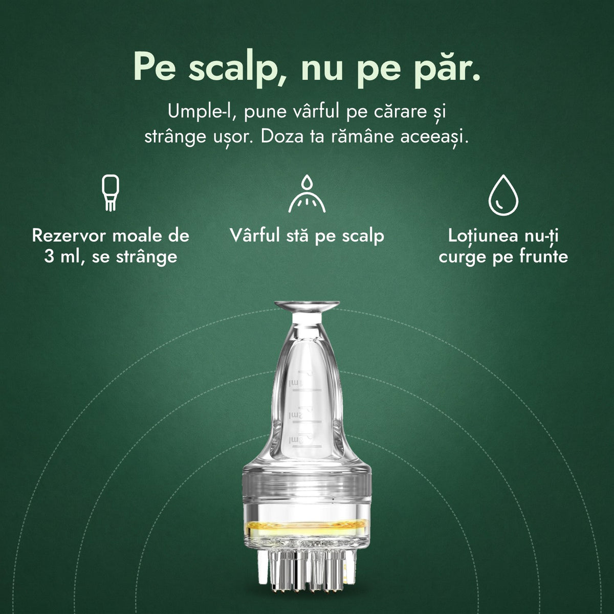 Aplicator pentru loțiune cu minoxidil, Basic 3 ml: Pe scalp, nu pe păr. Rezervor moale de 3 ml, se strânge, Vârful stă pe scalp, Loțiunea nu-ți curge pe frunte