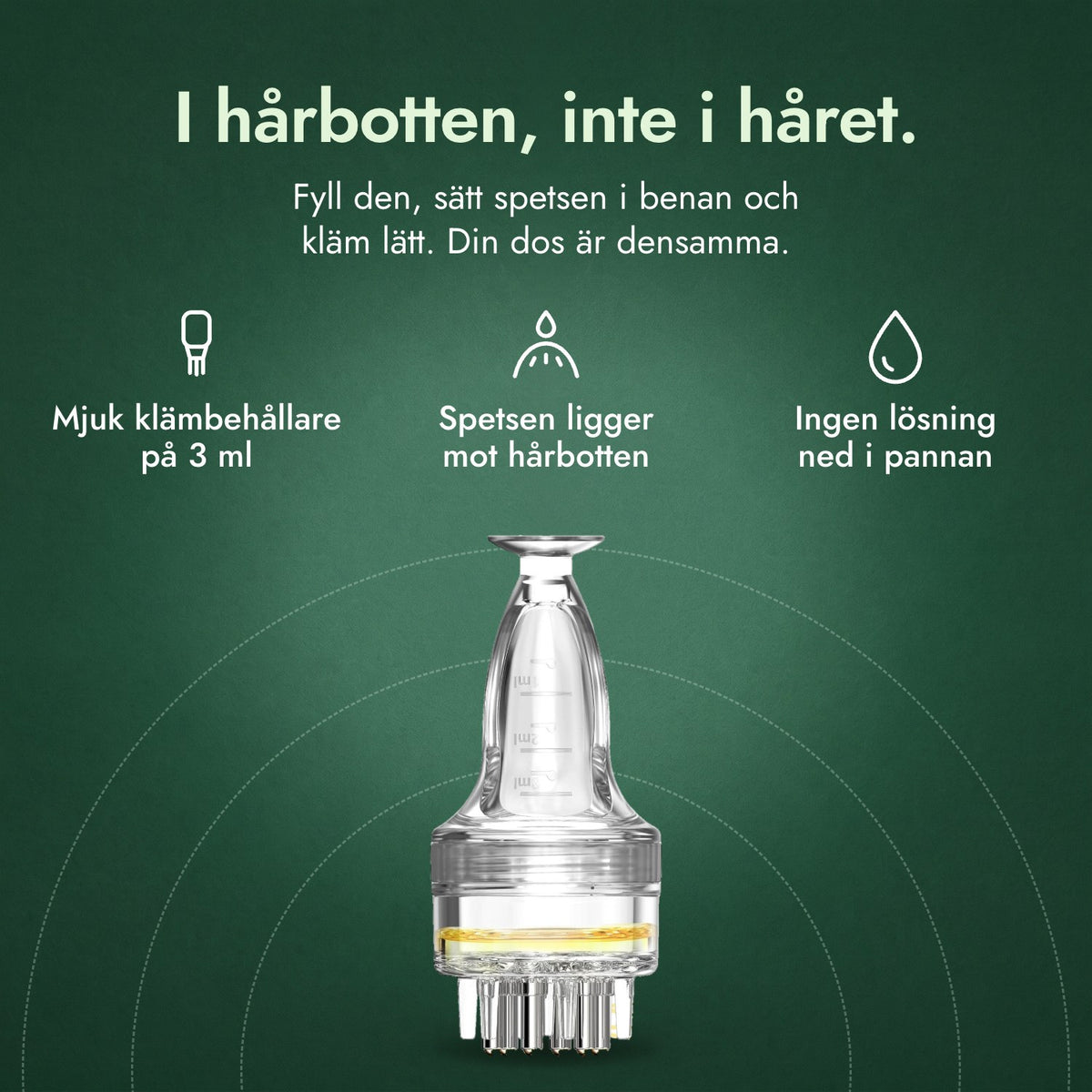 Applikator för minoxidillösning, Basic 3 ml: I hårbotten, inte i håret. Mjuk klämbehållare på 3 ml, Spetsen ligger mot hårbotten, Ingen lösning ned i pannan