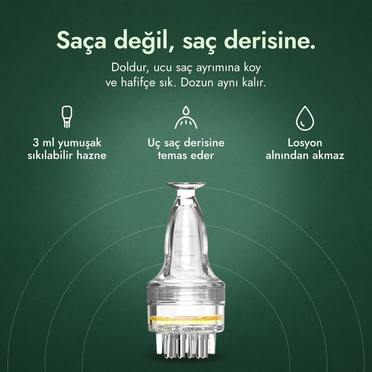 Minoksidil losyonu aplikatörü, Temel 3 ml: Saça değil, saç derisine. 3 ml yumuşak sıkılabilir hazne, Uç saç derisine temas eder, Losyon alnından akmaz