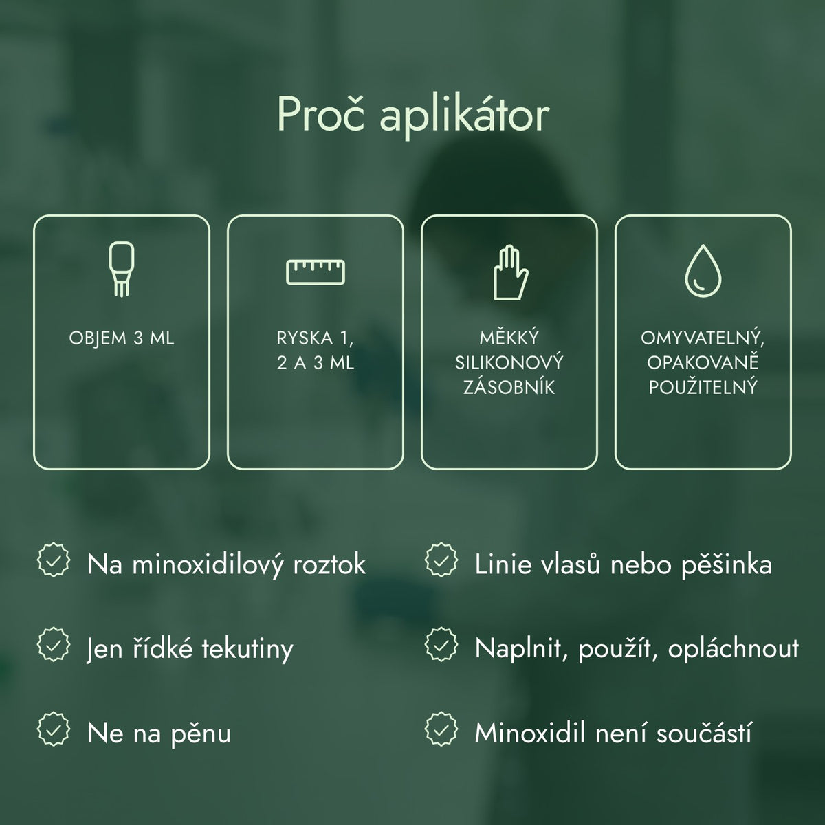 Proč aplikátor: Objem 3 ml, Ryska 1, 2 a 3 ml, Měkký silikonový zásobník, Omyvatelný, opakovaně použitelný