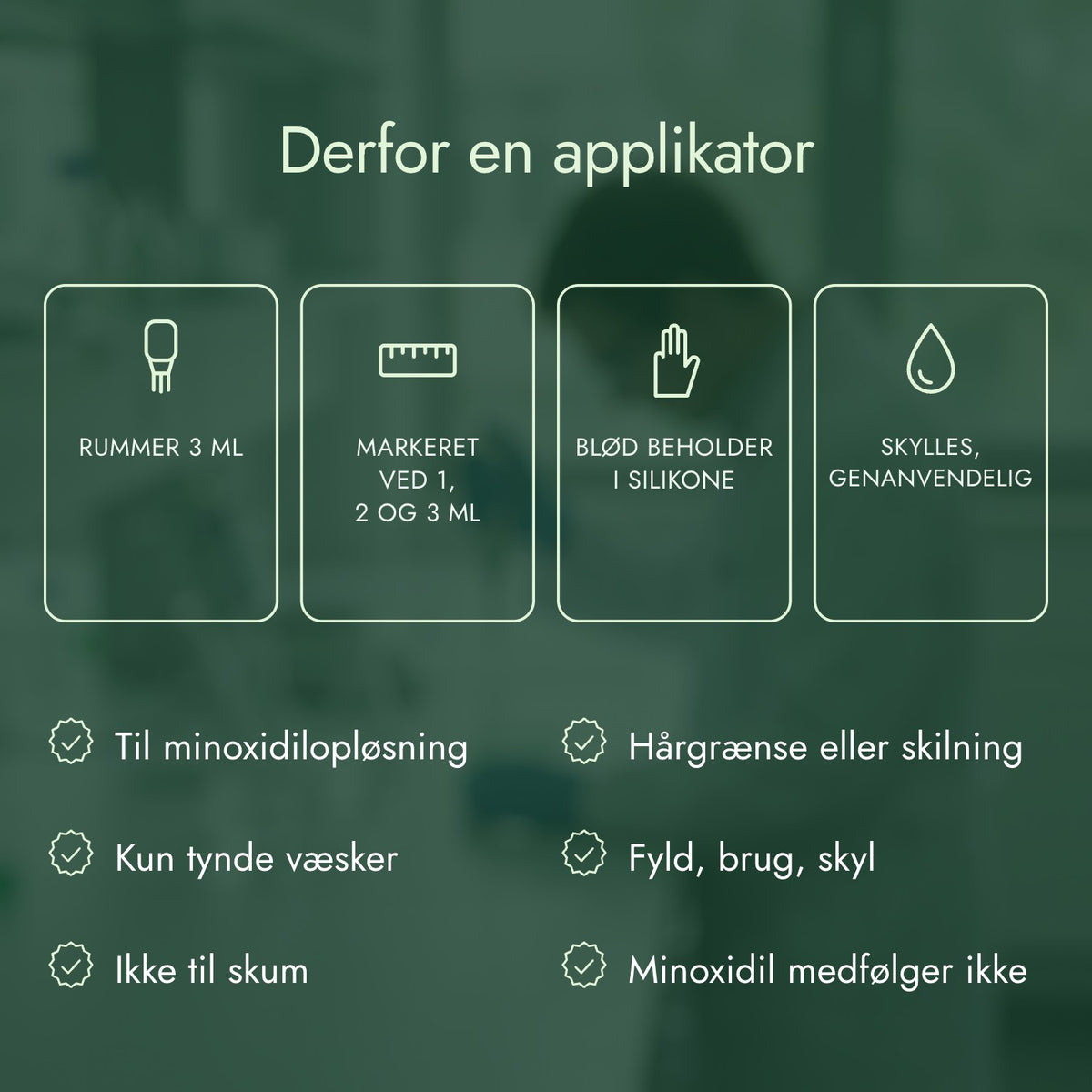 Derfor en applikator: Rummer 3 ml, Markeret ved 1, 2 og 3 ml, Blød beholder i silikone, Skylles, genanvendelig