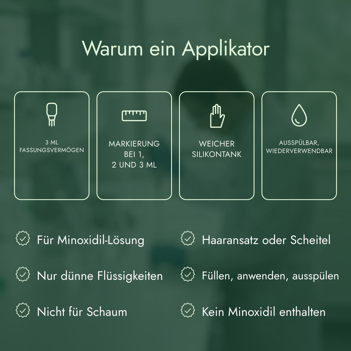 Warum ein Applikator: 3 ml Fassungsvermögen, Markierung bei 1, 2 und 3 ml, Weicher Silikontank, Ausspülbar, wiederverwendbar