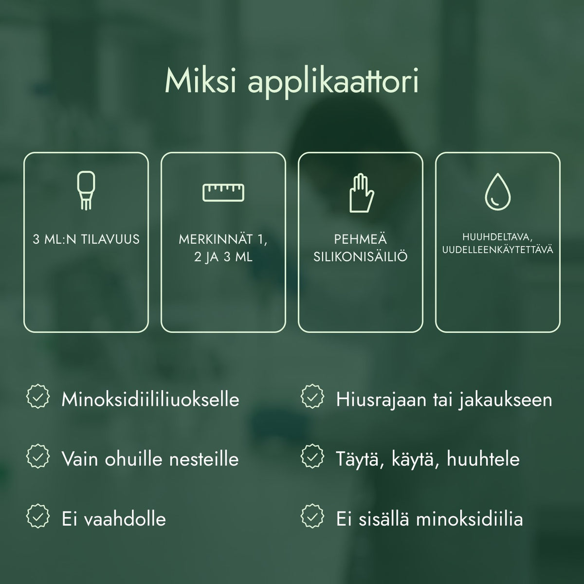 Miksi applikaattori: 3 ml:n tilavuus, Merkinnät 1, 2 ja 3 ml, Pehmeä silikonisäiliö, Huuhdeltava, uudelleenkäytettävä