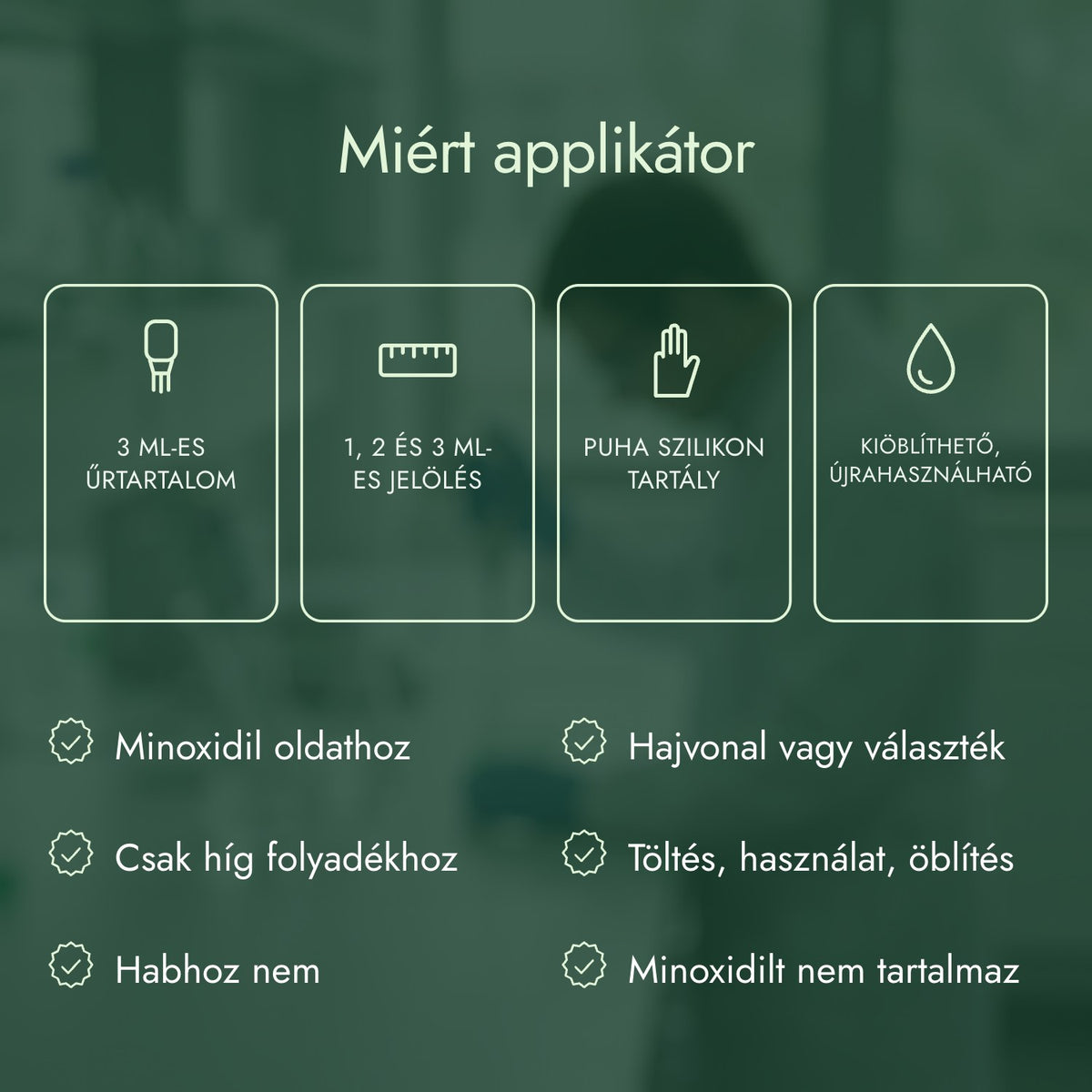 Miért applikátor: 3 ml-es űrtartalom, 1, 2 és 3 ml-es jelölés, Puha szilikon tartály, Kiöblíthető, újrahasználható