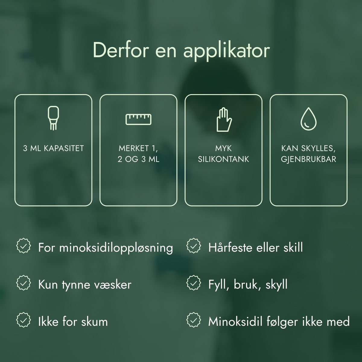 Derfor en applikator: 3 ml kapasitet, Merket 1, 2 og 3 ml, Myk silikontank, Kan skylles, gjenbrukbar