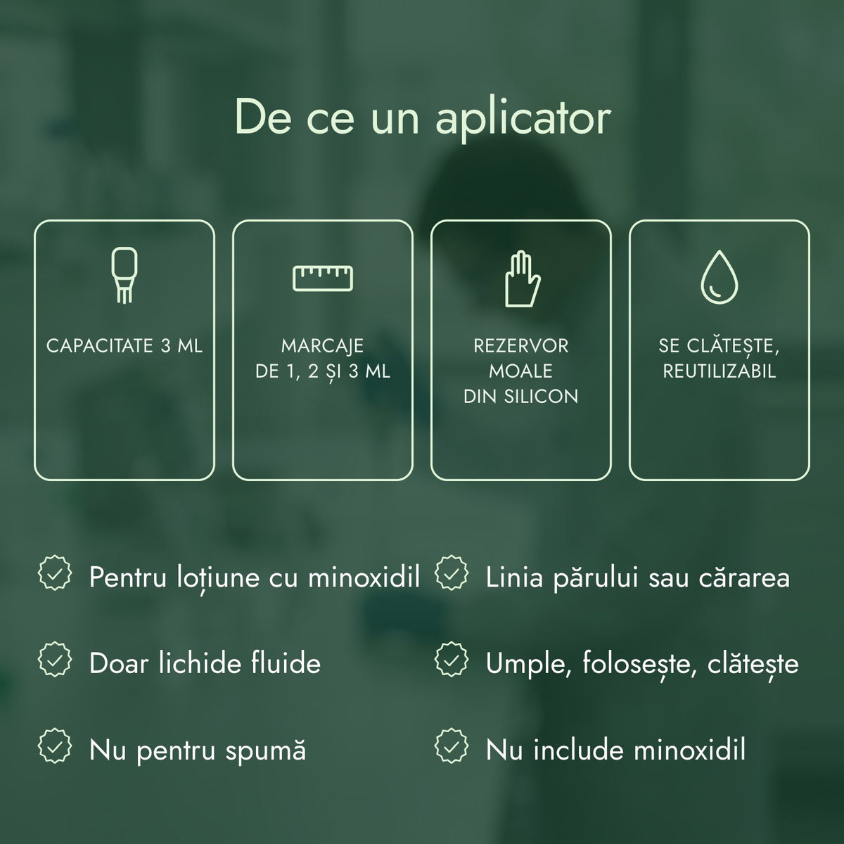 De ce un aplicator: Capacitate 3 ml, Marcaje de 1, 2 și 3 ml, Rezervor moale din silicon, Se clătește, reutilizabil