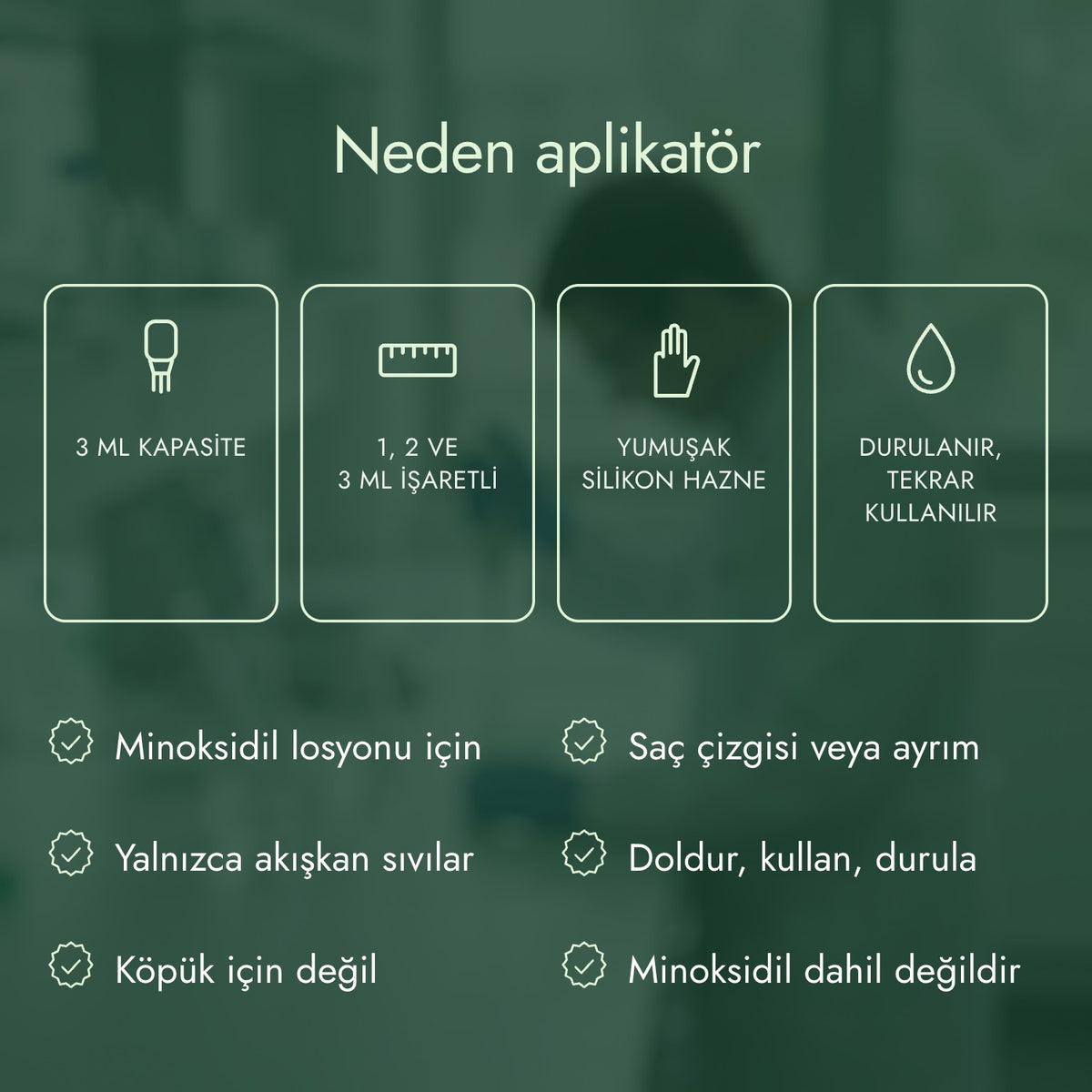 Neden aplikatör: 3 ml kapasite, 1, 2 ve 3 ml işaretli, Yumuşak silikon hazne, Durulanır, tekrar kullanılır