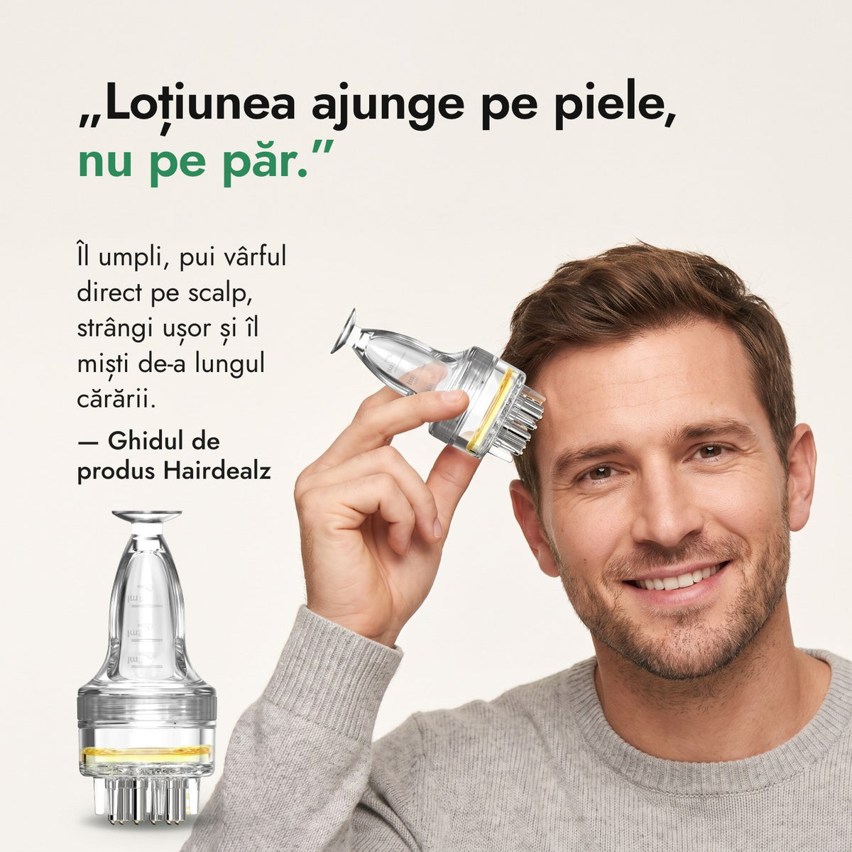 Loțiunea ajunge pe piele, nu pe păr. — Ghidul de produs Hairdealz
