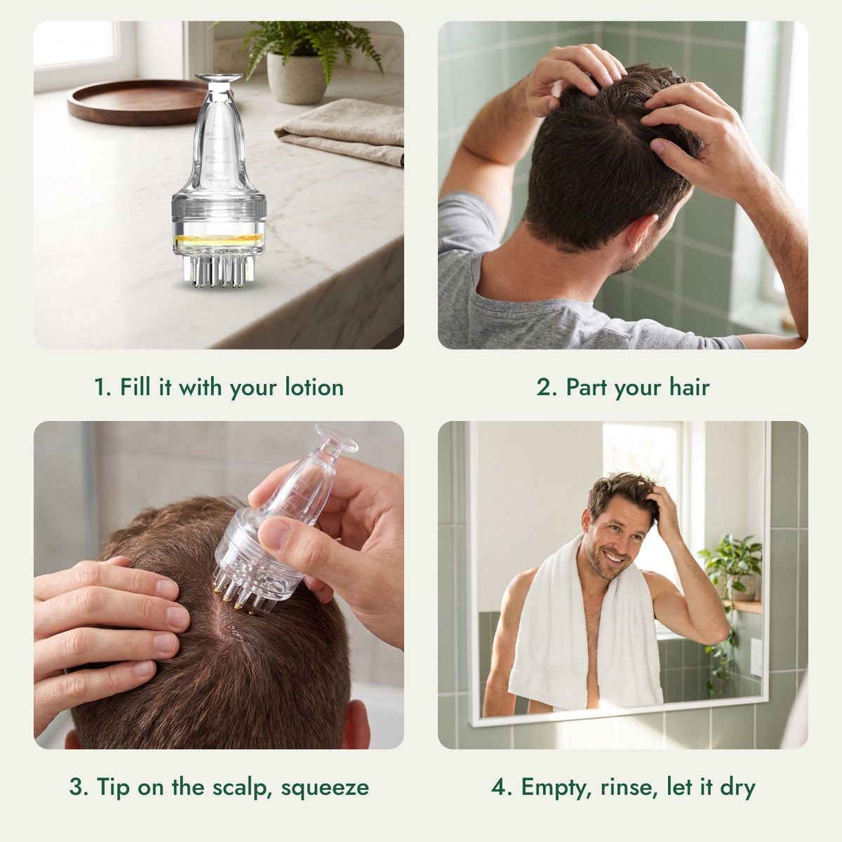 How to use Minoxidil Lotion Applicator, Basic 3 ml: Fill it with your lotion, Part your hair, Tip on the scalp, squeeze, Empty, rinse, let it dry