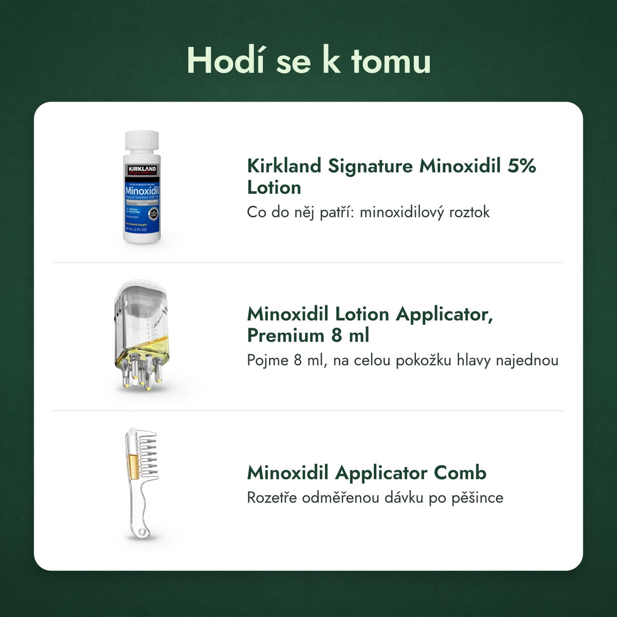 Hodí se k tomu: Kirkland Signature Minoxidil 5%, Aplikátor na minoxidilový roztok, Prémiový 8 ml, Aplikační hřeben na minoxidil