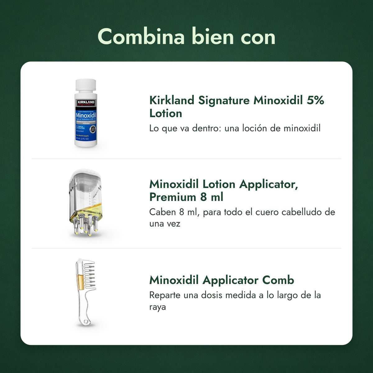 Combina bien con: Kirkland Signature Minoxidil 5%, Aplicador para loción de minoxidil, Premium 8 ml, Peine aplicador de minoxidil