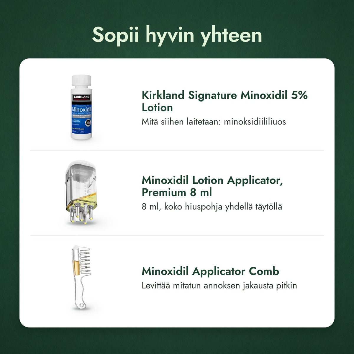 Sopii hyvin yhteen: Kirkland Signature Minoxidil 5%, Minoksidiililiuoksen applikaattori, Premium 8 ml, Minoksidiilin applikaattorikampa