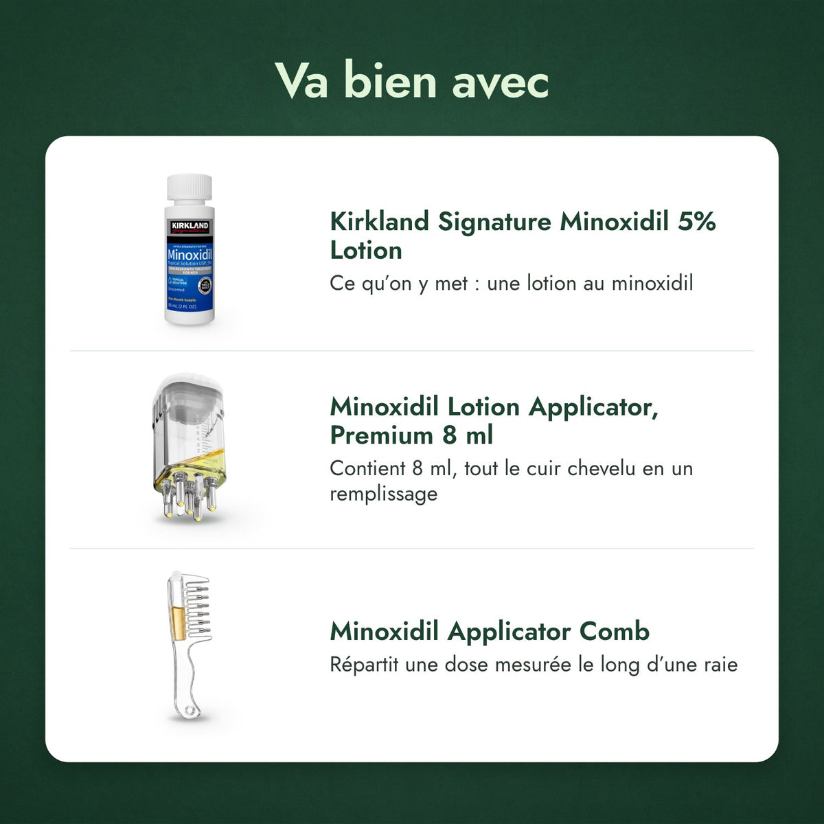 Va bien avec: Kirkland Signature Minoxidil 5%, Applicateur pour lotion minoxidil, Premium 8 ml, Peigne applicateur de minoxidil