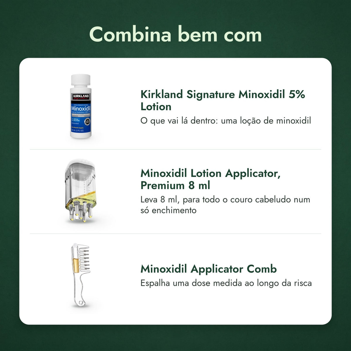 Combina bem com: Kirkland Signature Minoxidil 5%, Aplicador de loção de minoxidil, Premium 8 ml, Pente aplicador de minoxidil