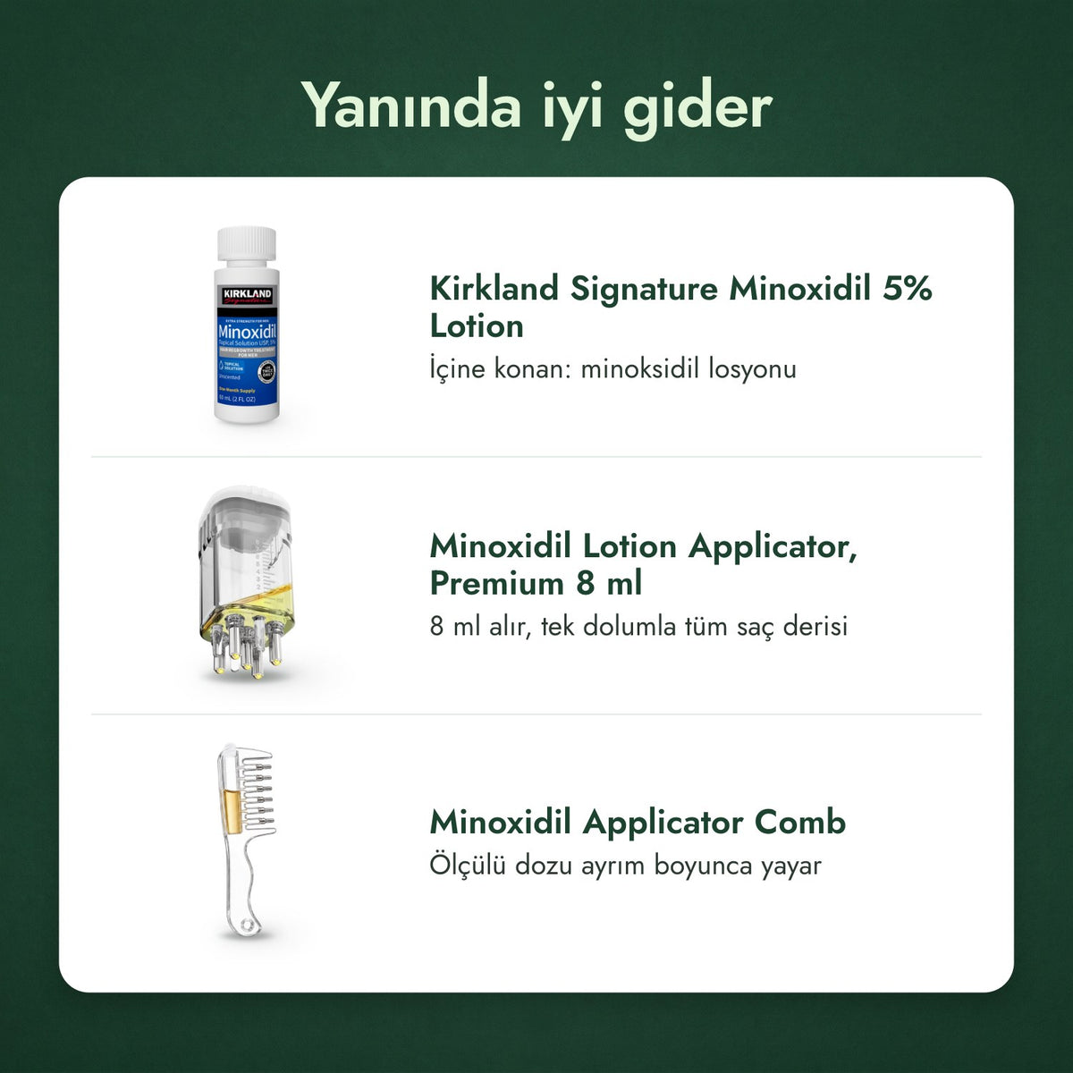 Yanında iyi gider: Kirkland Signature Minoxidil 5%, Minoksidil losyonu aplikatörü, Premium 8 ml, Minoksidil aplikatör tarağı