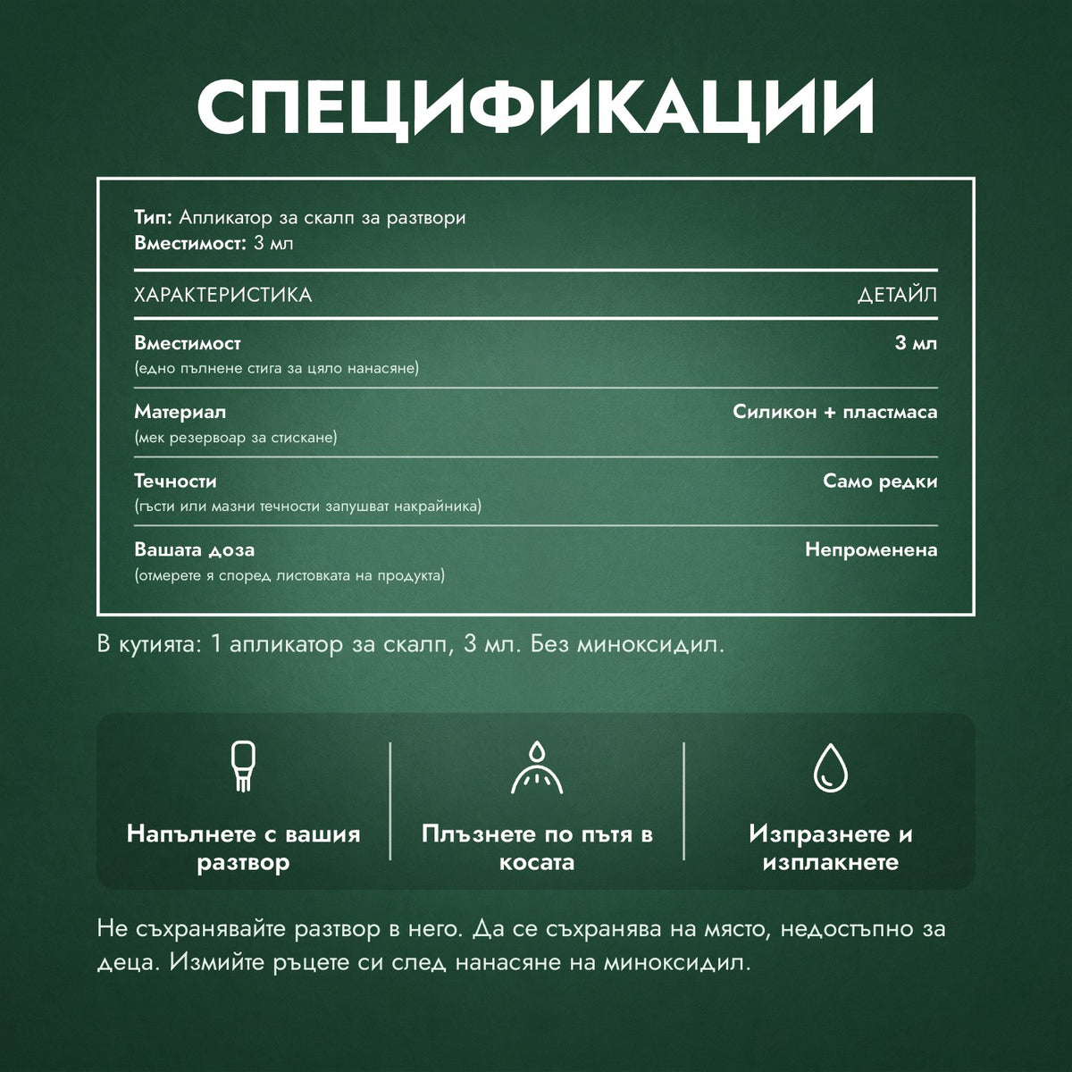 Спецификации: Апликатор за разтвор с миноксидил, Базов 3 мл