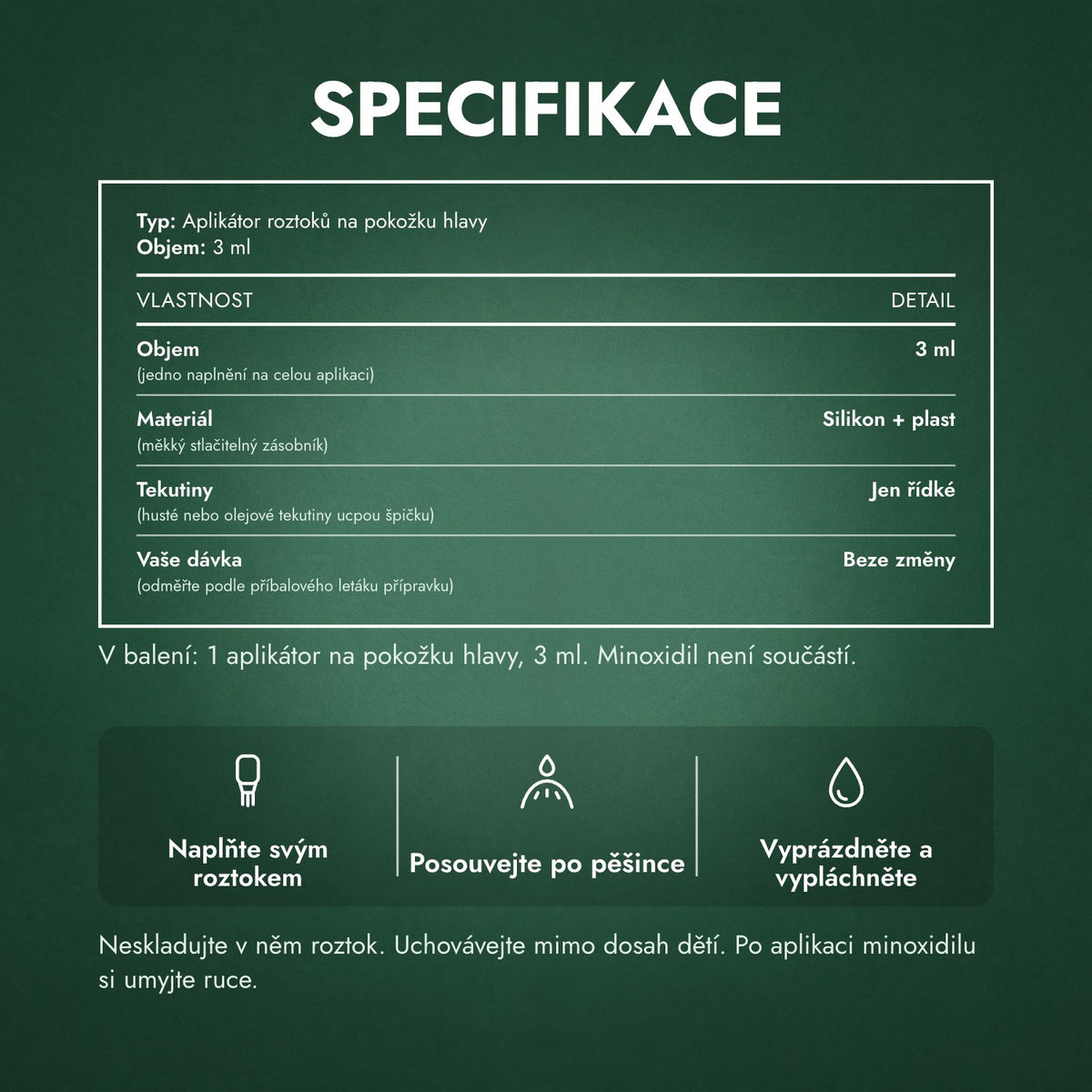 Specifikace: Aplikátor na minoxidilový roztok, Základní 3 ml