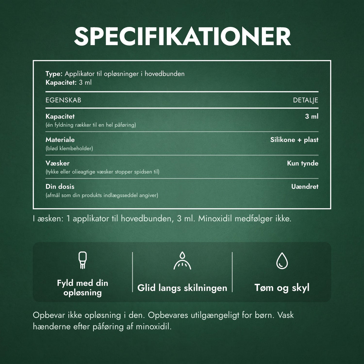 Specifikationer: Applikator til minoxidilopløsning, Basic 3 ml