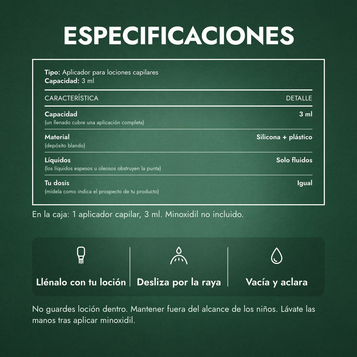 Especificaciones: Aplicador para loción de minoxidil, Basic 3 ml