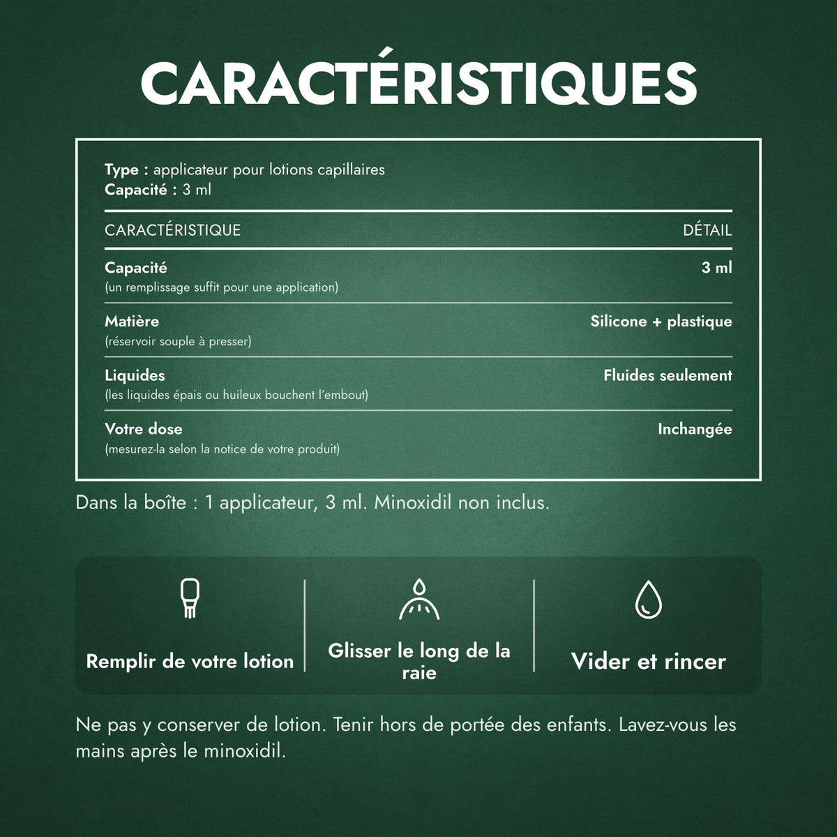 Caractéristiques: Applicateur pour lotion minoxidil, Basic 3 ml