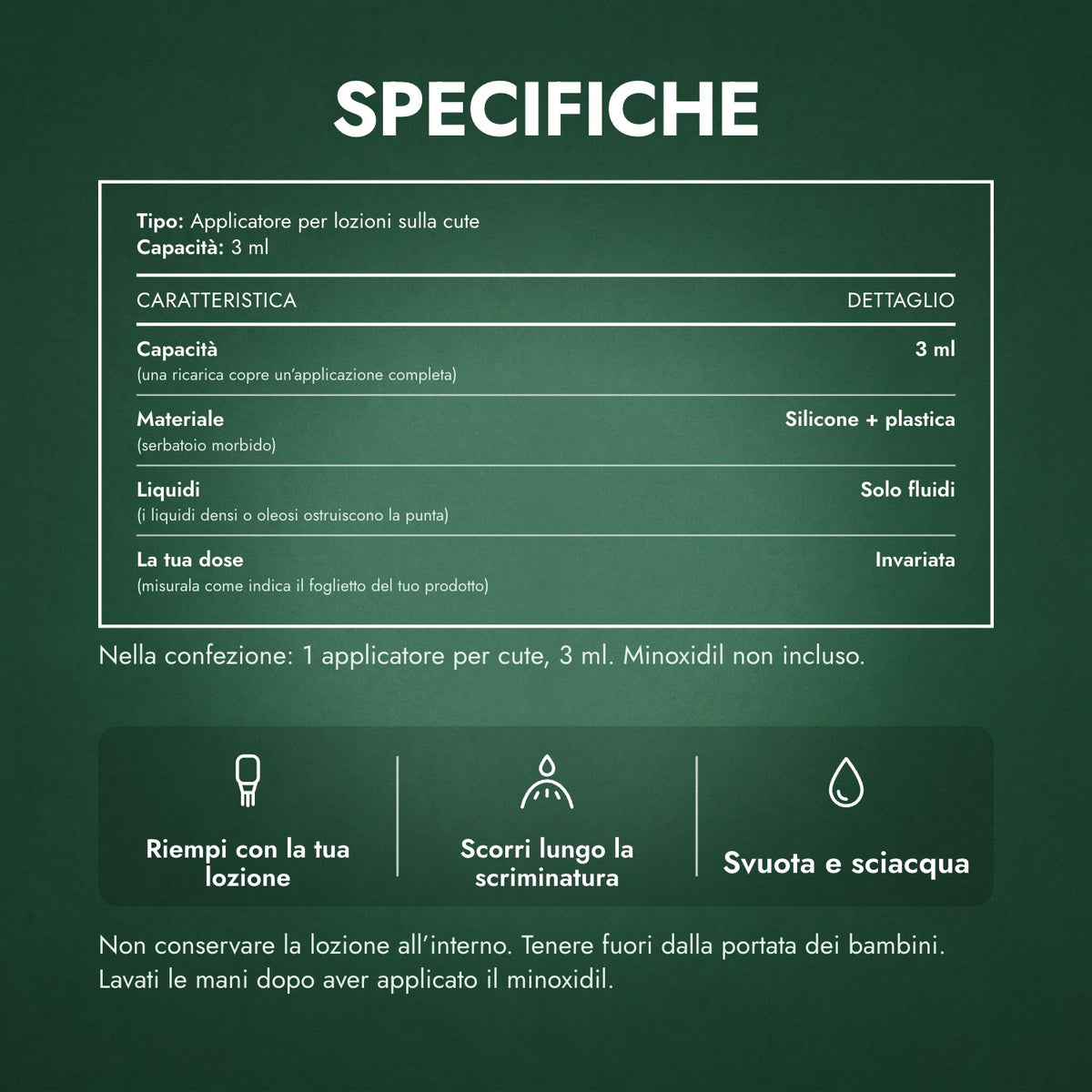 Specifiche: Applicatore per lozione minoxidil, Basic 3 ml